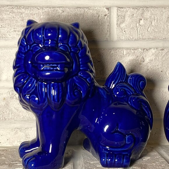 FOO DOG/LIONS - Chinoiserie - Cobalt Blue - Pair - Picture 4 of 8